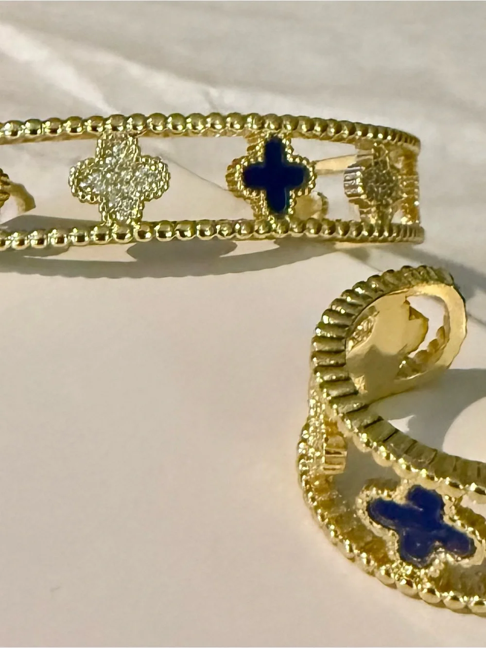 Gold & Blue Clover Cuff Bracelet + Ring Set